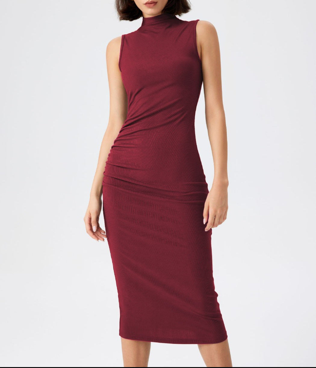 Damen elegantes Midi-Kleid mit figurbetontem Schnitt und hohem Kragen R&B