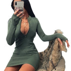 Damen Körperbetontes Strickkleid mit tiefem V-Ausschnitt und langen Ärmeln R&B