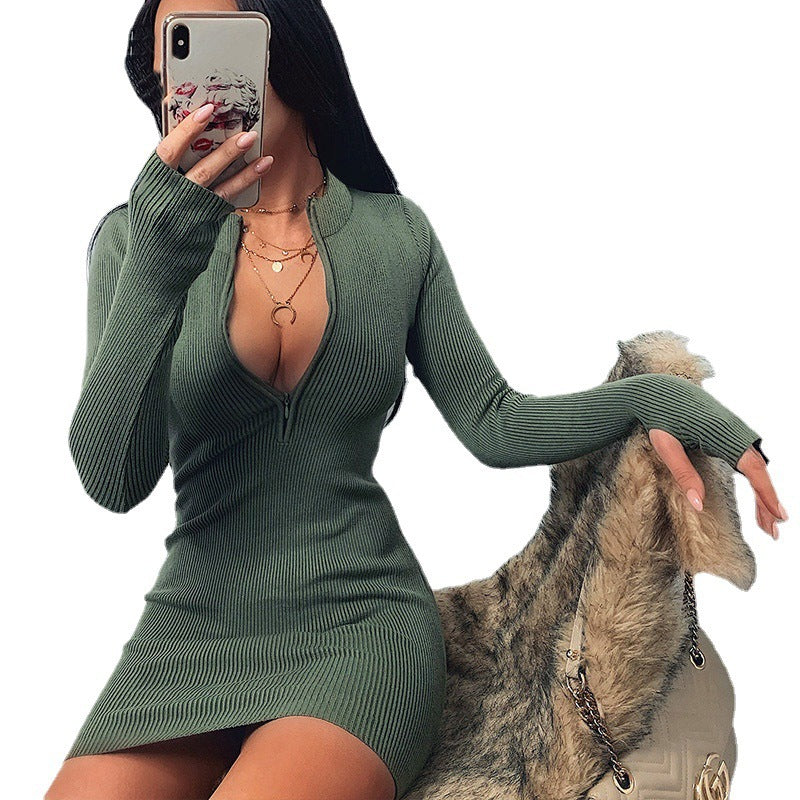 Damen Körperbetontes Strickkleid mit tiefem V-Ausschnitt und langen Ärmeln R&B