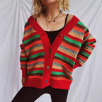Damen Strickjacke mit buntem Streifenmuster und knöpfbarem Design R&B