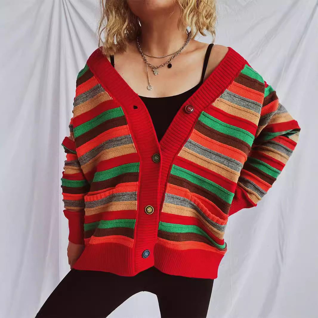 Damen Strickjacke mit buntem Streifenmuster und knöpfbarem Design R&B
