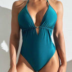 Damen Einteiliger Badeanzug mit tiefem V-Ausschnitt und raffiniertem Bund R&B