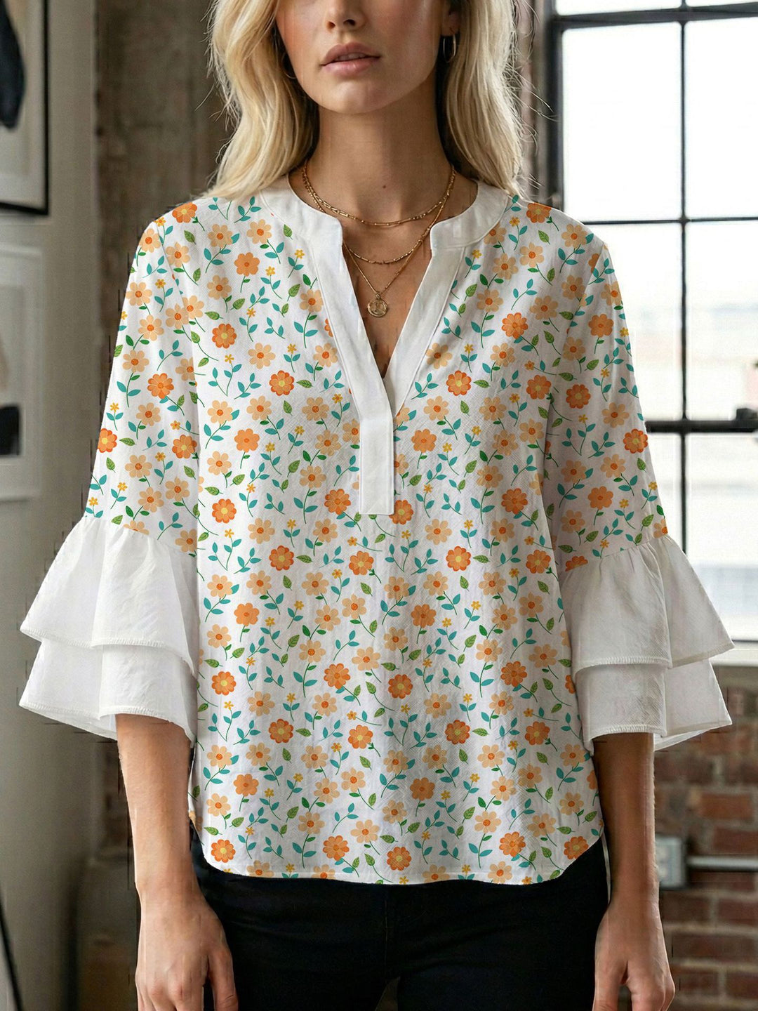 Damen Blusenshirt mit voluminösen Ärmeln und kreativem Druckdesign R&B