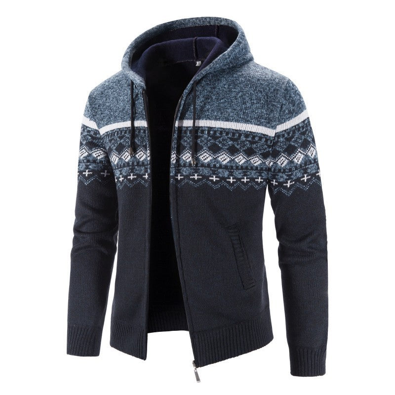 Herren Strickjacke mit modernem Norweger-Muster und hohen Kragen R&B
