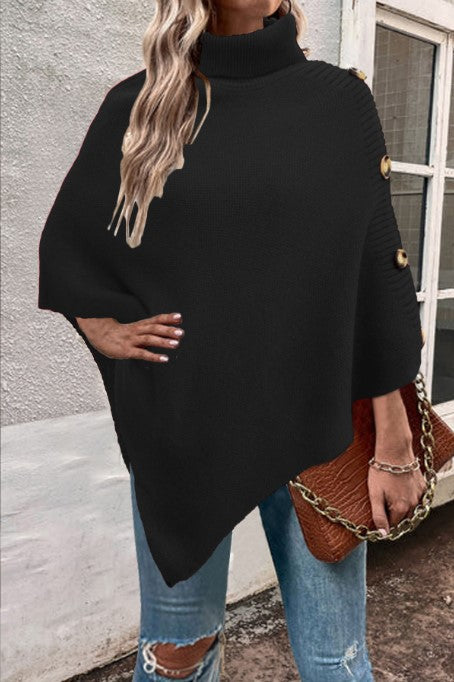 Damen Strick-Poncho mit hohem Kragen und Knopfdetails R&B