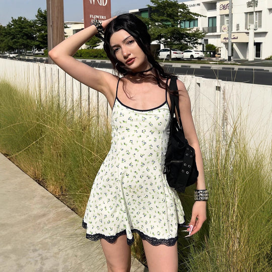 Damen Sommerliches Spaghetti-Trägerkleid mit floralen Mustern und Spitzenbesatz R&B