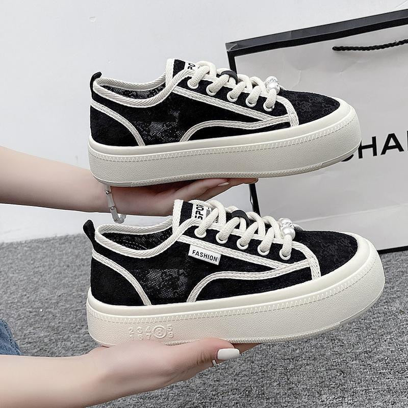 Damen modische Sneaker mit trendiger Perlenschnürung und robuster Gummisohle