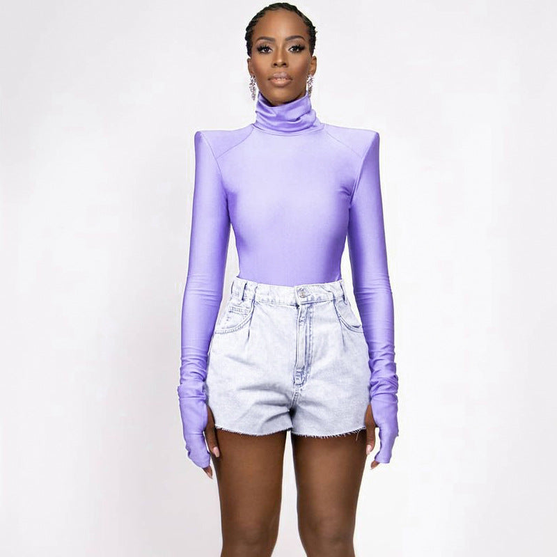 Damen Langarm-Bodysuit mit hohem Kragen und eleganten Raffungen R&B