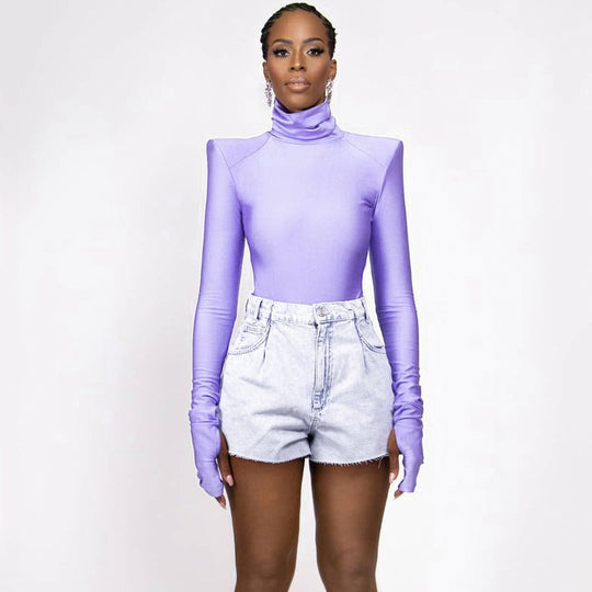 Damen Langarm-Bodysuit mit hohem Kragen und eleganten Raffungen R&B