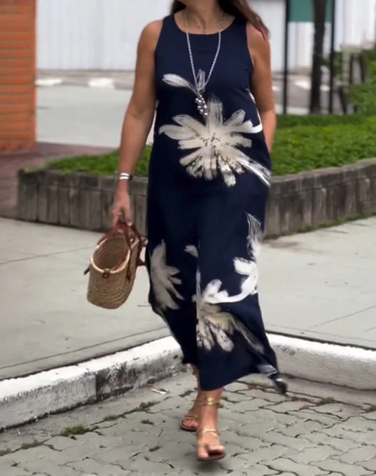 Damen nan ärmelloses lässiges Maxikleid aus Leichtjersey mit großflächigem Pinselblumenmuster und versteckten Seitentaschen R&B