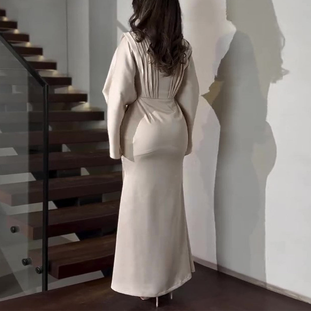 Damen elegantes Maxikleid mit schickem Taillenschnitt und luxuriösem Satinbesatz R&B
