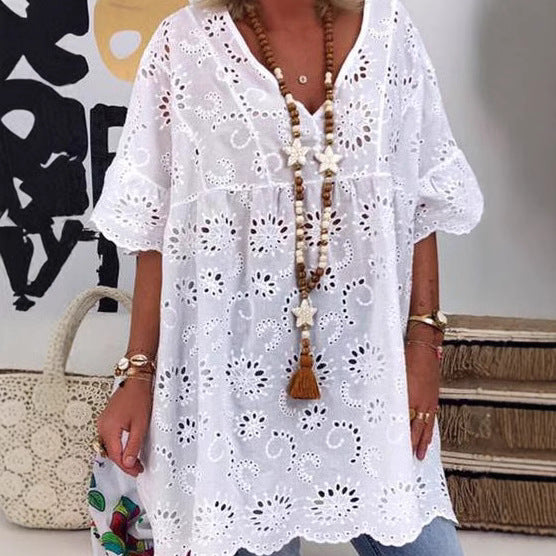 Damen Bluse mit floralen Stickereien und weiten Ärmeln R&B
