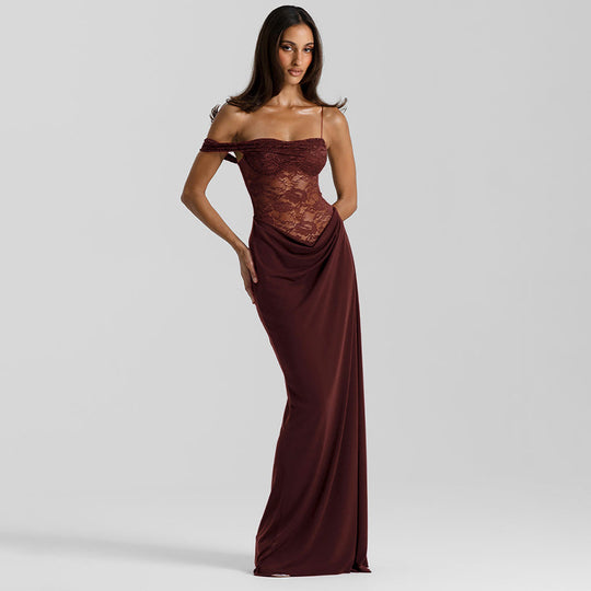 Damen Off-Shoulder Abendkleid mit raffinierten Spitzen-Applikationen und fließendem Material R&B