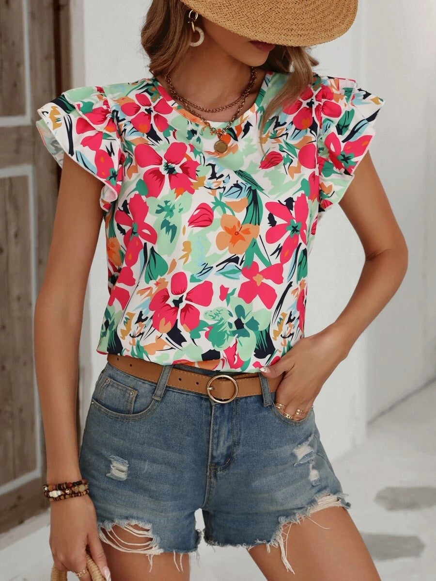 Damen modisches T-Shirt mit Rüschendetails und floralem Muster R&B