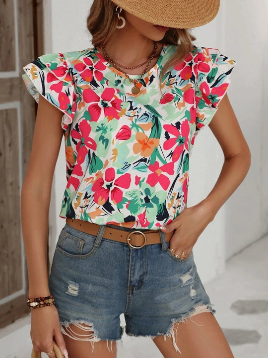 Damen modisches T-Shirt mit Rüschendetails und floralem Muster R&B