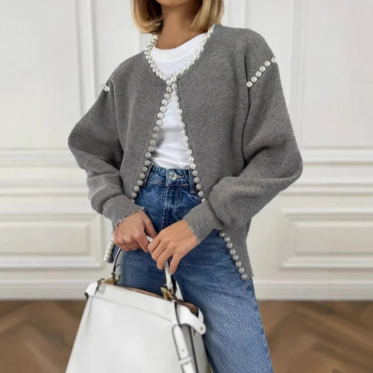 Damen Strickjacke mit auffälligem Perlenbesatz und offenem Design R&B