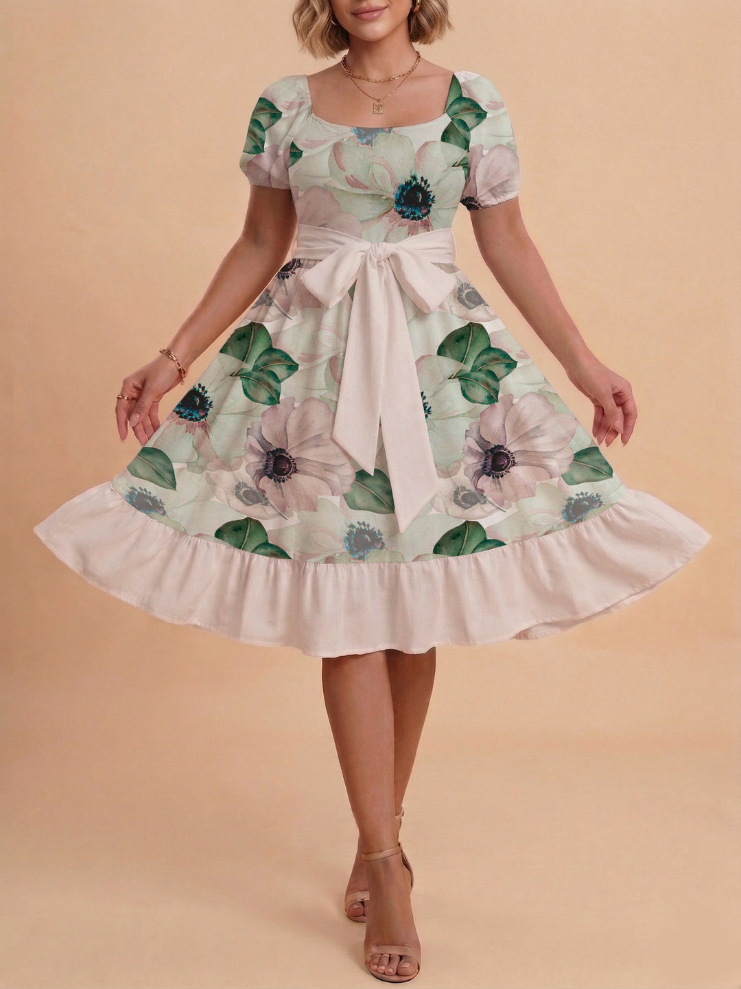 Damen Blumenkleid mit taillierbarem Gürtel und voluminösen Ärmeln R&B