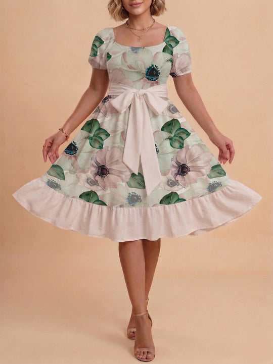 Damen Blumenkleid mit taillierbarem Gürtel und voluminösen Ärmeln R&B
