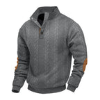Herren nan Zopfmuster-Halbknopf-Pullover mit hohem Stehkragen und Wildleder-Ellbogenpatches R&B