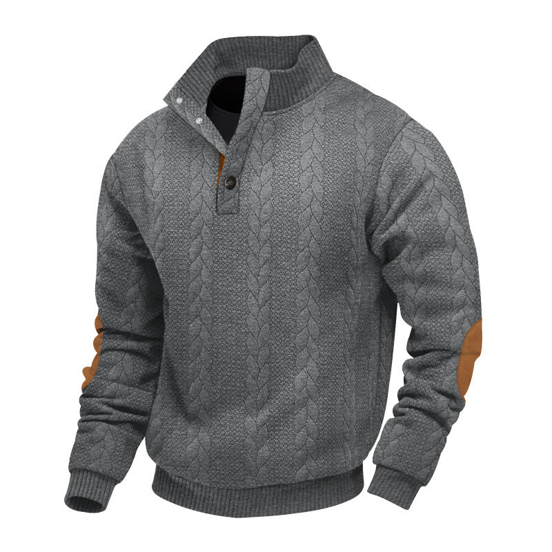 Herren nan Zopfmuster-Halbknopf-Pullover mit hohem Stehkragen und Wildleder-Ellbogenpatches R&B