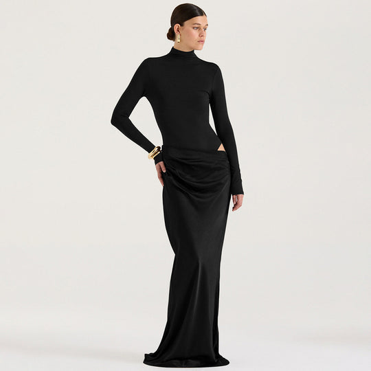 Damen Elegantes langärmliges Maxikleid mit figurbetontem Schnitt und raffiniertem Drapierungsdetail R&B
