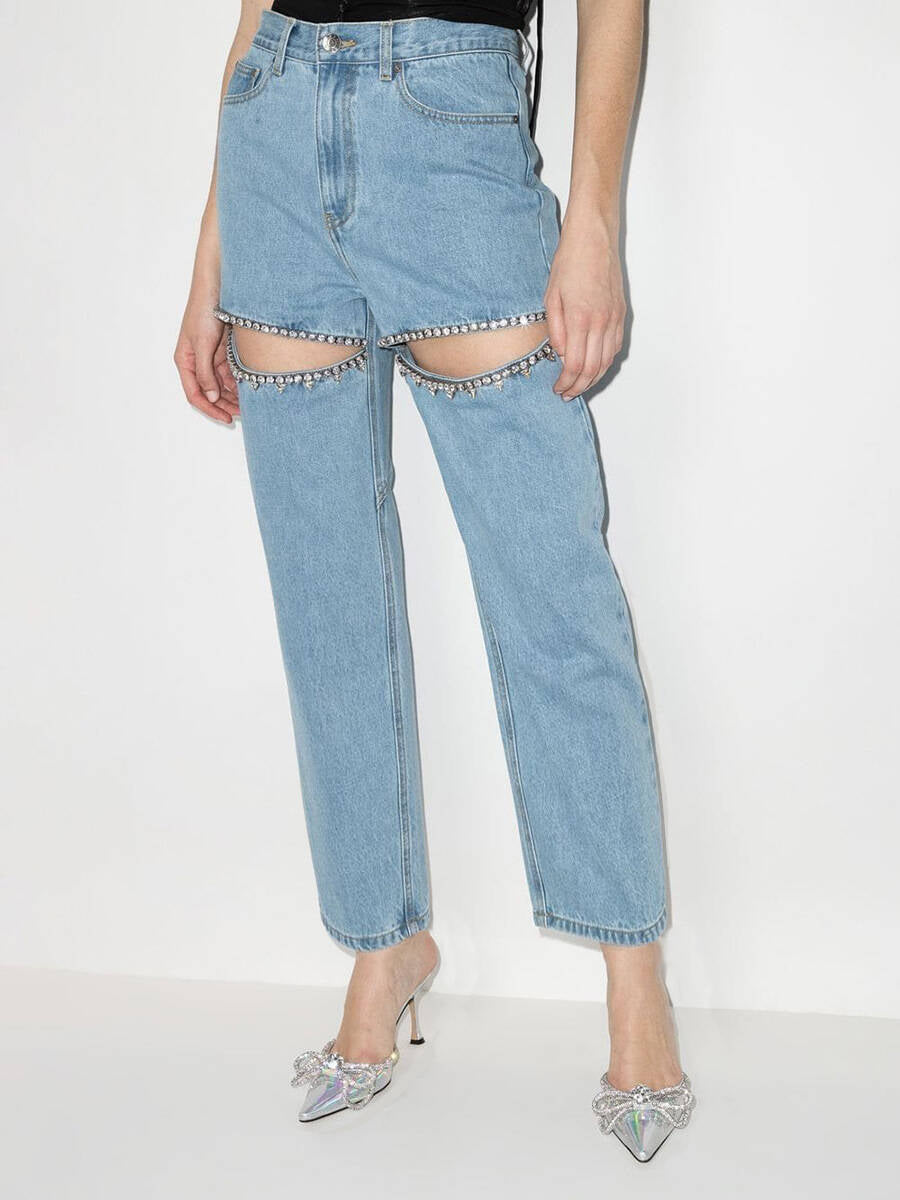 Damen ripped Jeans mit strassbesetzten Schnittstellen R&B