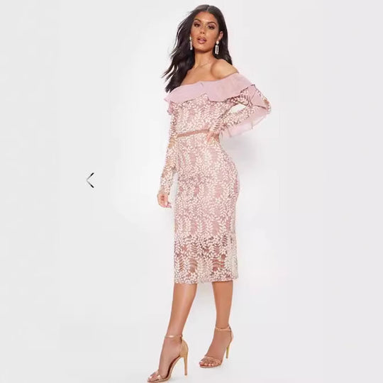 Damen Off-Shoulder Spitzenkleid mit Rüschendetails und figurbetontem Schnitt R&B