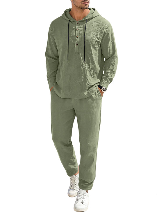 Herren nan entspannter Kapuzen-Henley Freizeitanzug aus leichter Baumwollmischung in Leinenoptik mit Kordelzug und elastischer Bundhose R&B