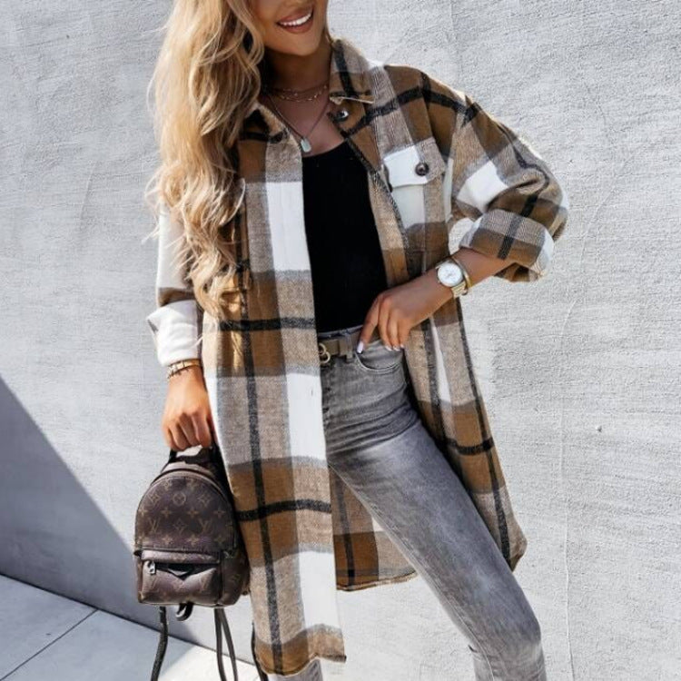 Damen lässige Karo-Hemdjacke mit asymmetrischem Schnitt und Taschen