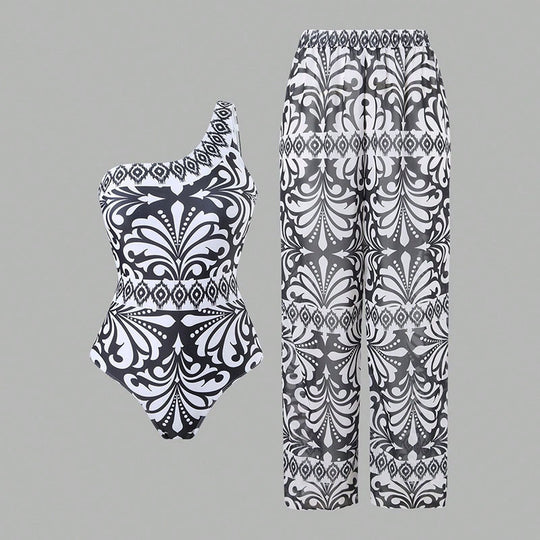 Damen einteiliger Badeanzug mit farbenfrohem Druck und passender Palazzo-Hose R&B