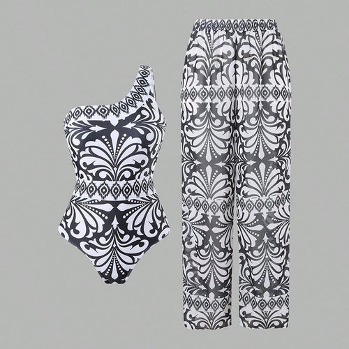 Damen einteiliger Badeanzug mit farbenfrohem Druck und passender Palazzo-Hose R&B