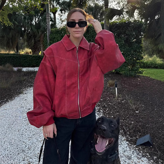 Damen Kunstlederjacke mit voluminösen Ärmeln und hohem Kragen R&B