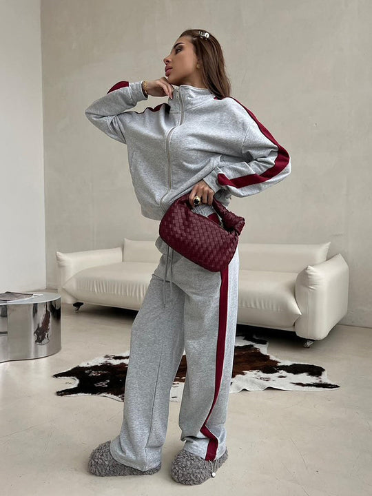 Damen sportliches Fleece-Set mit Stehkragen und seitlichen Kontraststreifen R&B