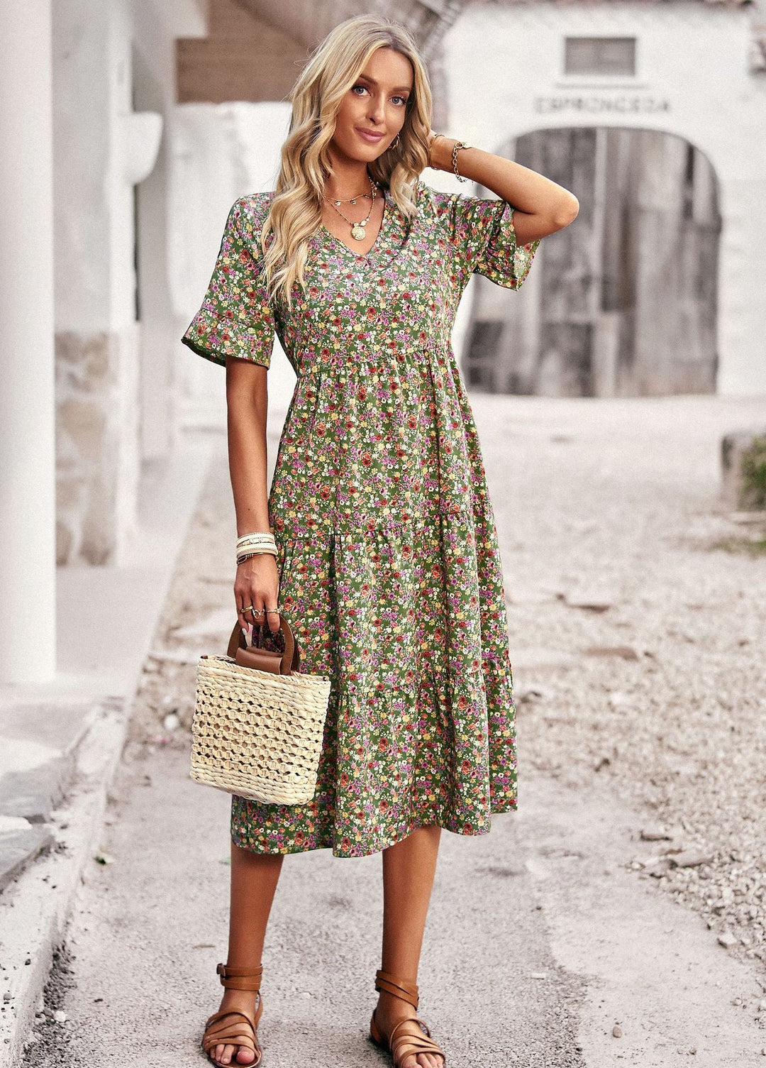 Damen Midi-Kleid mit Floralem Muster und Verspieltem V-Ausschnitt R&B