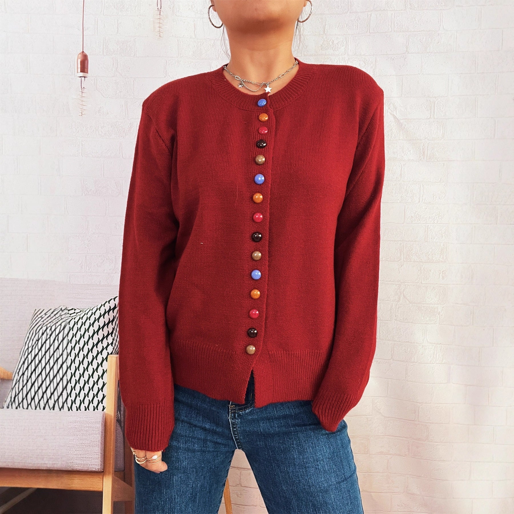 Damen stilvolle Strickjacke mit bunten Knöpfen R&B