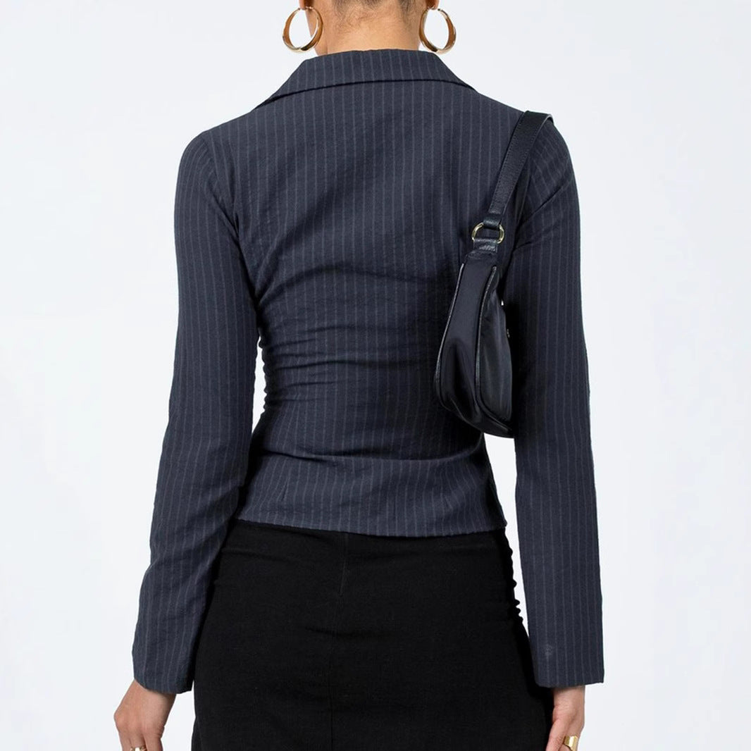 Damen taillierte Hemdbluse mit Klappkragen und feinen Streifen R&B