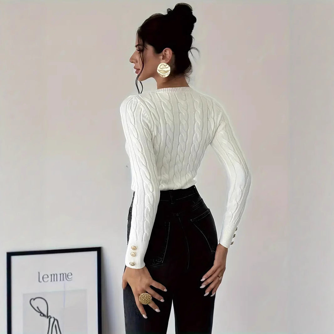 Damen Strickpullover mit Zopfmuster und Knopfdetails R&B
