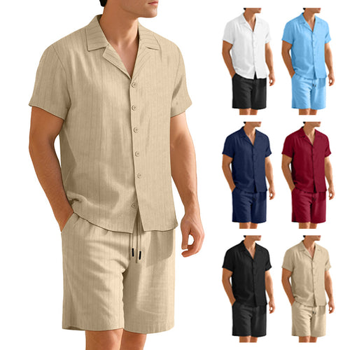 Herren nan Rippenstrick Lounge-Set mit Reverskragen Kurzarmhemd und Komfort-Bermuda R&B