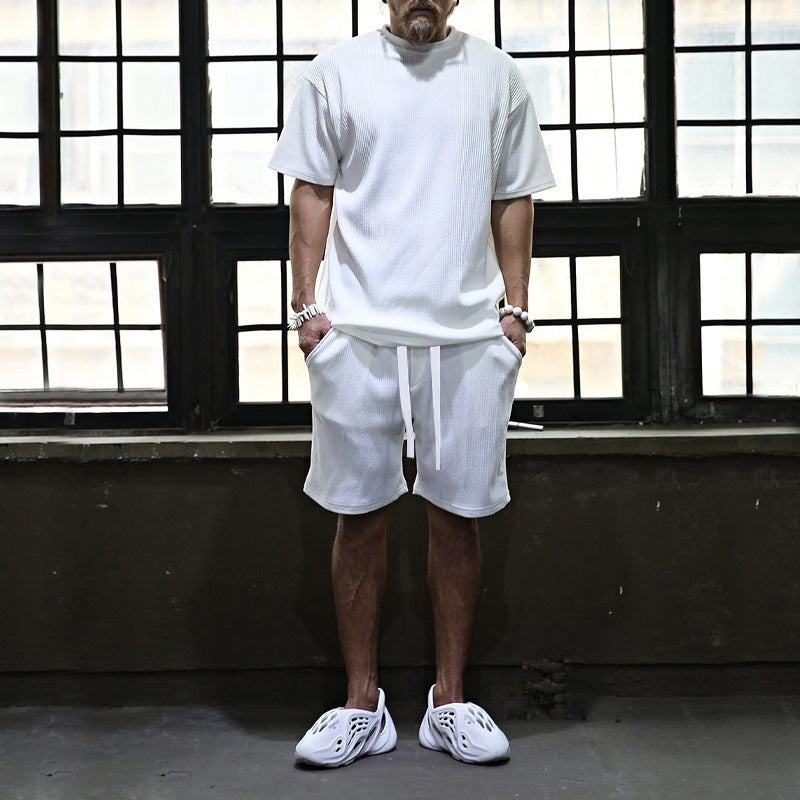 Herren nan lässiges Waffeljersey-Set mit weitem Oberteil und Tunnelzug-Shorts R&B