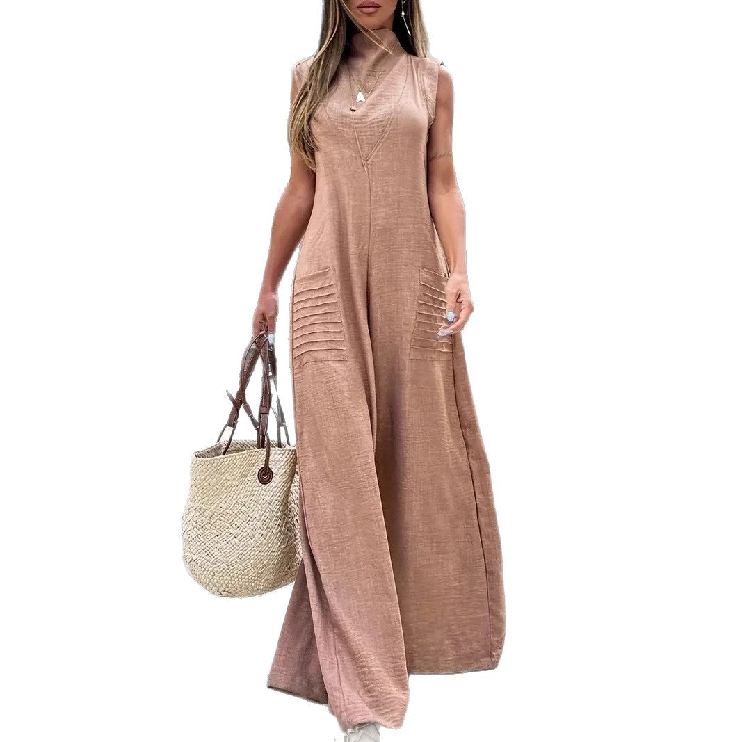Damen luftiger Maxijumpsuit mit dekorativen Falten und seitlichen Taschen R&B