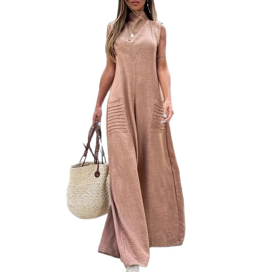 Damen luftiger Maxijumpsuit mit dekorativen Falten und seitlichen Taschen R&B
