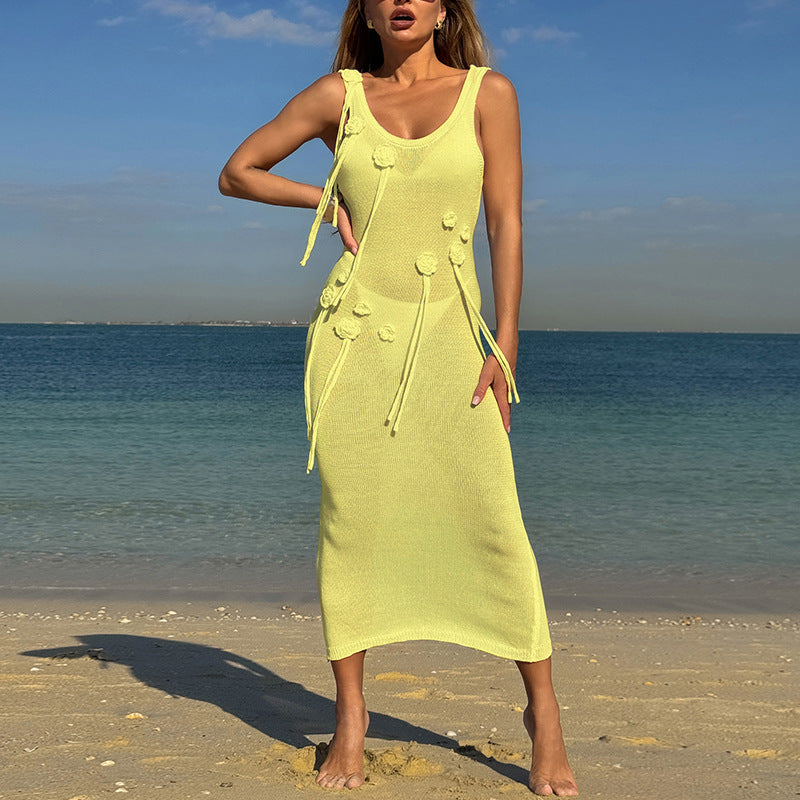 Damen Elegantes Strickkleid mit Blumenapplikationen und seitlichem Bindegürtel R&B
