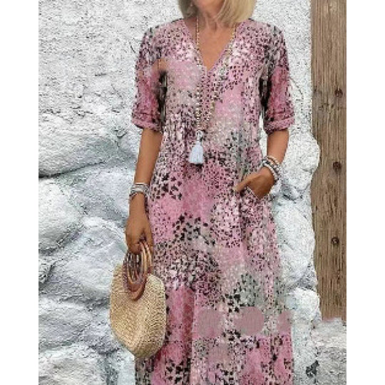 Damen Strandkleid im lässigen Stil mit Taschen und V-Ausschnitt R&B