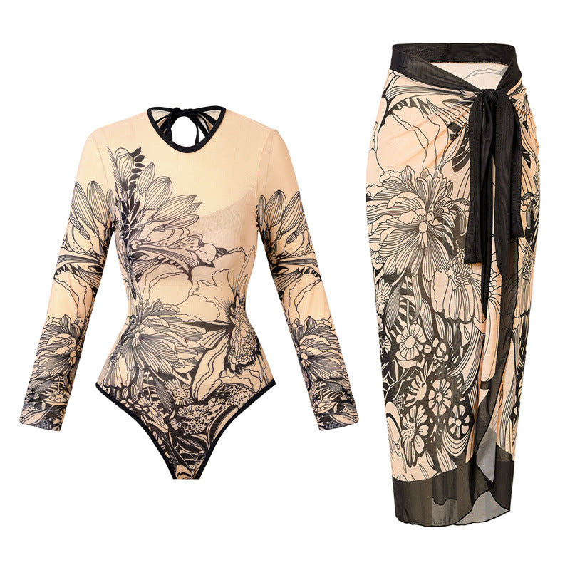 Damen Einteiler Badeanzug mit floralem Design und modischen Langarmhosen R&B