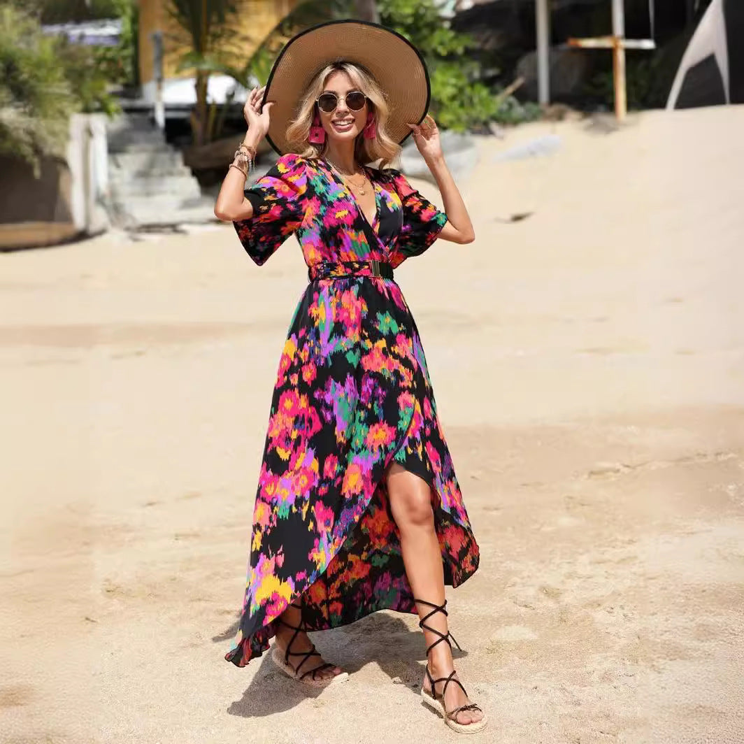 Damen Maxikleid mit asymmetrischem Saum und floralem Print R&B