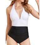 Damen Badeanzug mit tiefem V-Ausschnitt und elegantem Farbkontrast R&B