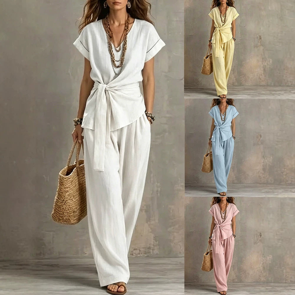 Damen Lässiges Oversize-Hosenanzug mit Wickel-Oberteil R&B