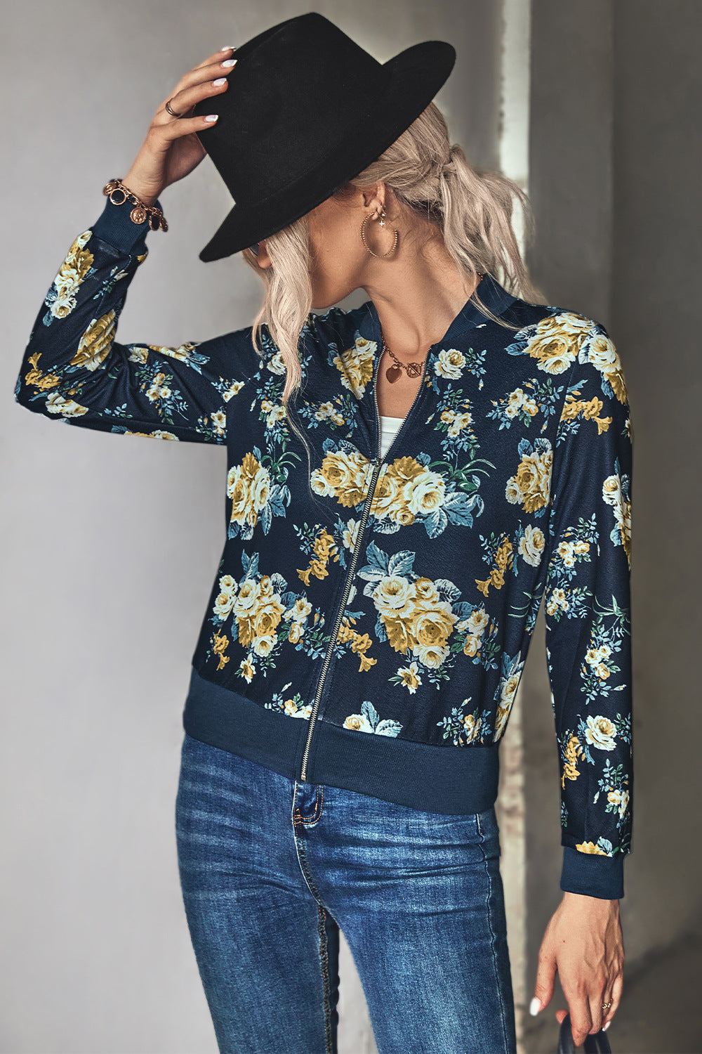 Damen Blütenmuster Freizeitjacke mit Reißverschluss und elastischen Bündchen R&B