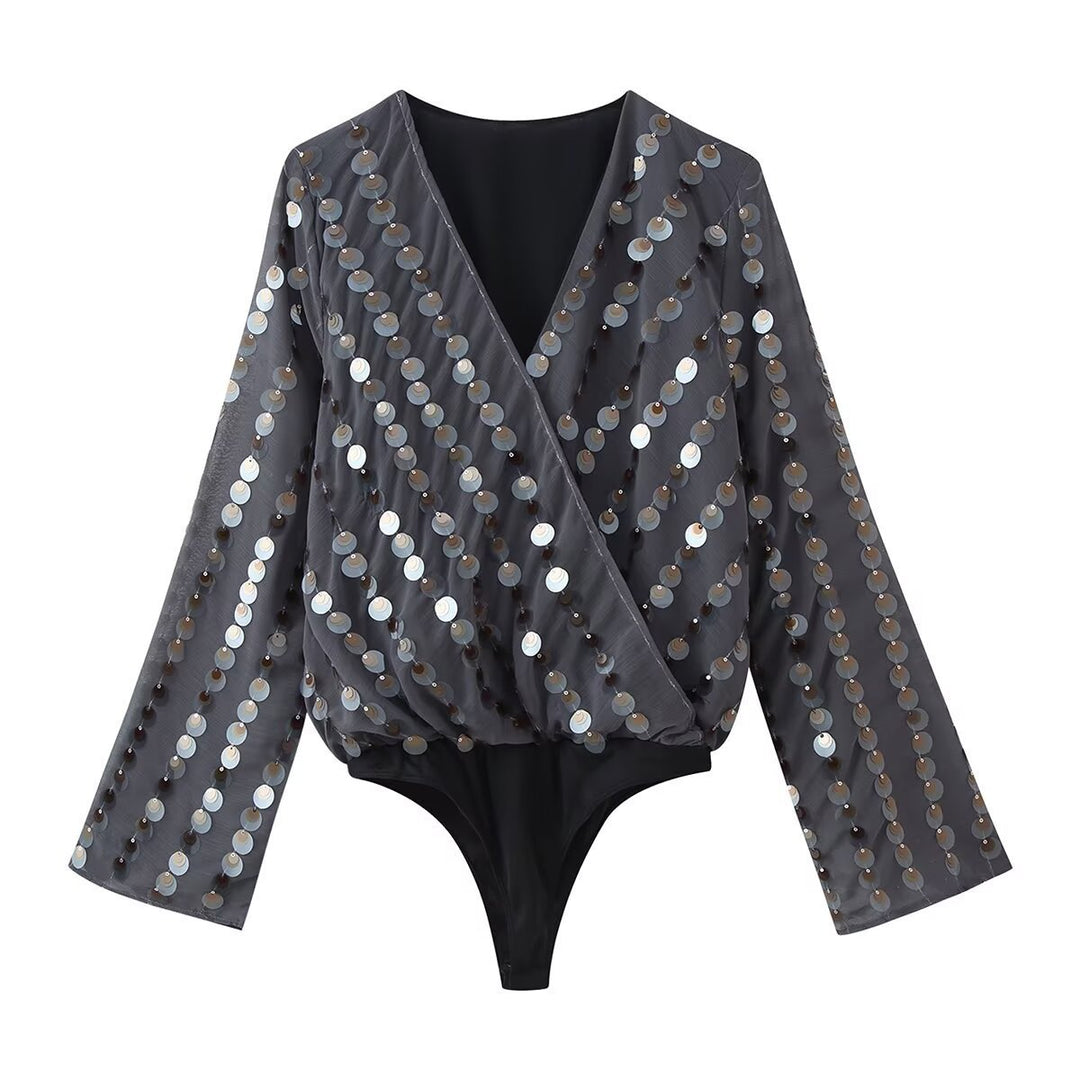 Damen Glamouröses Body mit glitzernden Pailletten und Wickeldesign R&B