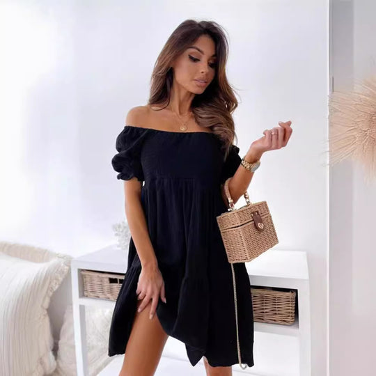 Damen lässiges Sommerkleid mit Puffärmel und Volants R&B